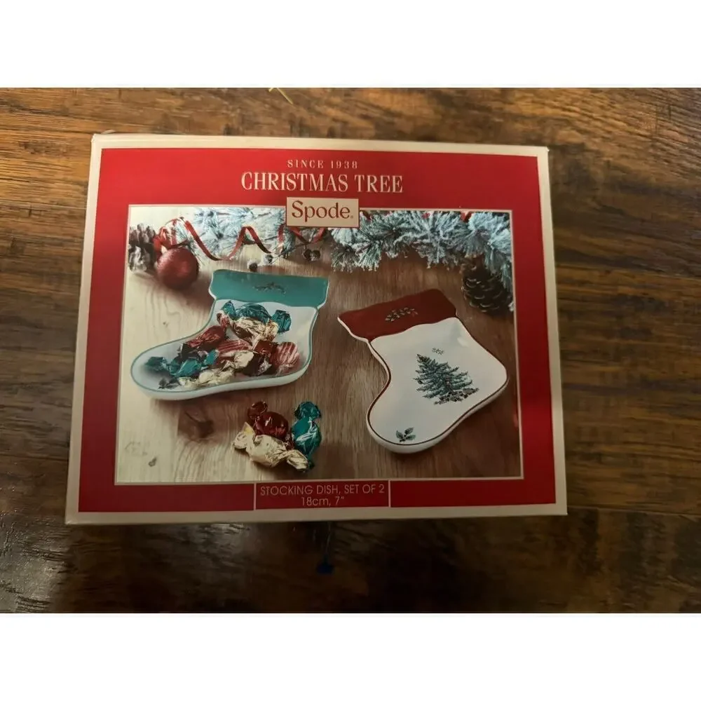 Spode Christmas Tree Stocking Candy Trinket Dishes Set of 2 Red & Green Small 7